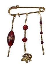 Cute Hedgehog Safety Pin Brooch Gold Tone Dangle Red Beads 3 1/4″ Vintage Fun
