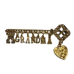 Key Shape Pin Brooch Dangling Heart With G-R-A-N-D-M-A Letters Gold Tone