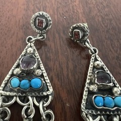 2 5/8″ MEXICO STERLING SILVER TURQUOISE CORAL AMETHYST CHANDELIER EARRINGS