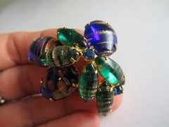 Vintage blue green rhinestone Glass brooch pin