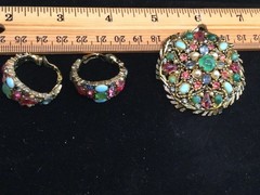 Vintage Holly Craft Fruit Salad Brooch And Clip Hoops