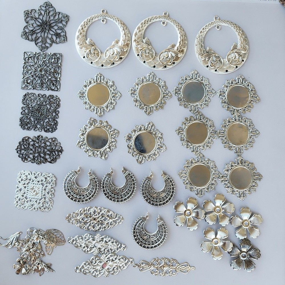 Lot Vtg Art Nouveau Art Deco Filigree Stampings Brass Silver Jewelry Supplies