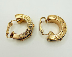 Givenchy Vintage Clip On Earrings Logo Black Enamel Hoops Gold Signed 80s 1 in