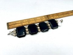 Vintage Chunky Black Stone Gemstone Silver Bead Wide Bracelet RO-DO NOS Saks