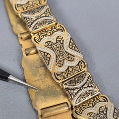 Antique Gold -Tone & Black Damascene Spain Brooch & Bracelet Floral Motif Ornate