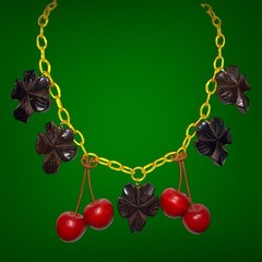Vintage Carved Wood Leaf & Cherry Necklace with Apple Juice Celluloid Chain