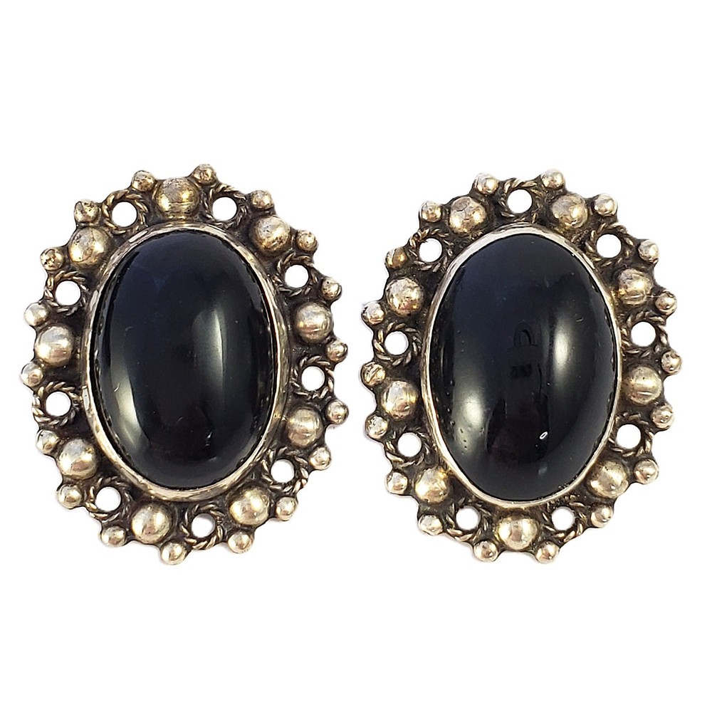 SILVER and Black ONYX CLIP Artisan Earrings Vintage Oval Open Work 1″ 9.48g