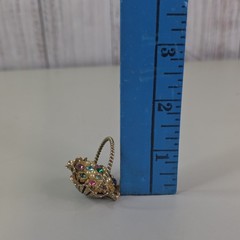 Vintage Flower Basket Pendant Multicolor Rhinestones Faux Pearls Rope Handle
