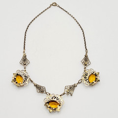 Czech Glass Art Nouveau Deco Flower Motif Brass Festoon Bib Amber Citrine 15 In