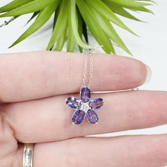 Vintage Y2K 925 Sterling Silver Amethyst Clear Crystal Flower Pendant Necklace