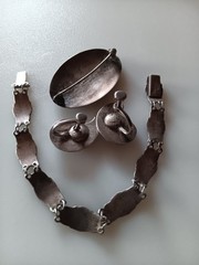 Vtg Siam Sterling Silver Black Niello Paisley Screw Back Earring Bracelet Brooch