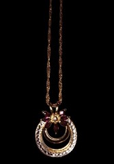 Vintage Style Gold Tone Celestial Crescent Moon Flower Pendant Necklace Ruby Red