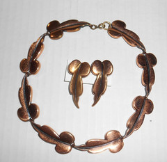 Modernist Vintage MCM Renoir Copper Leaf Link Necklace Choker & Clip Earrings