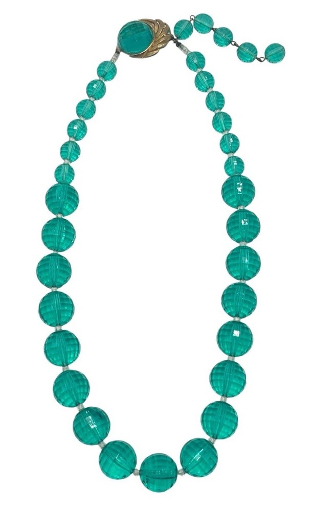 Vintage Teal Single Strand Necklace 25” Faceted Acrylic Beads Hook Closure