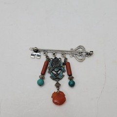 Vintage Chinese Chatelaine Key Brooch Pin Silver Turquoise Coral Carnelian Jade