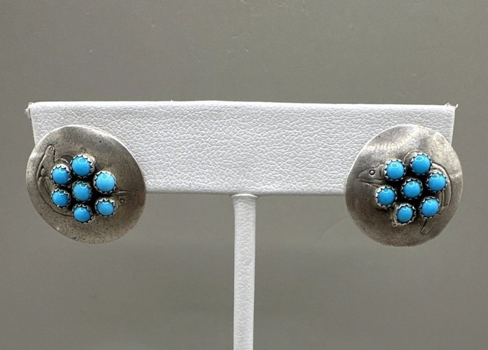 Vintage Sterling Silver 925 Ella Peter Turquoise Stone Stud Earrings (3.51g)