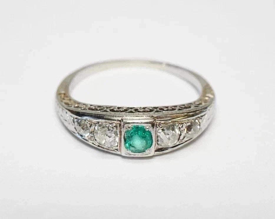 Art Deco Style Emerald & Lab Created Diamond 14K White Gold FN Party Wear Ring