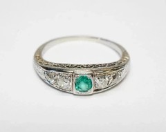 Art Deco Style Emerald & Lab Created Diamond 14K White Gold FN Party Wear Ring