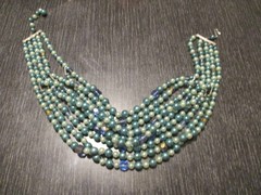 Vintage Glamor Blue Crystal Faux Teal Pearl Bead Chunky Multi Strand Necklace!