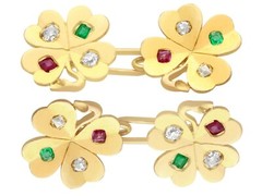 0.24 Ct Diamond 0.15 Ct Ruby and Emerald 18k Yellow Gold Clover Cufflinks