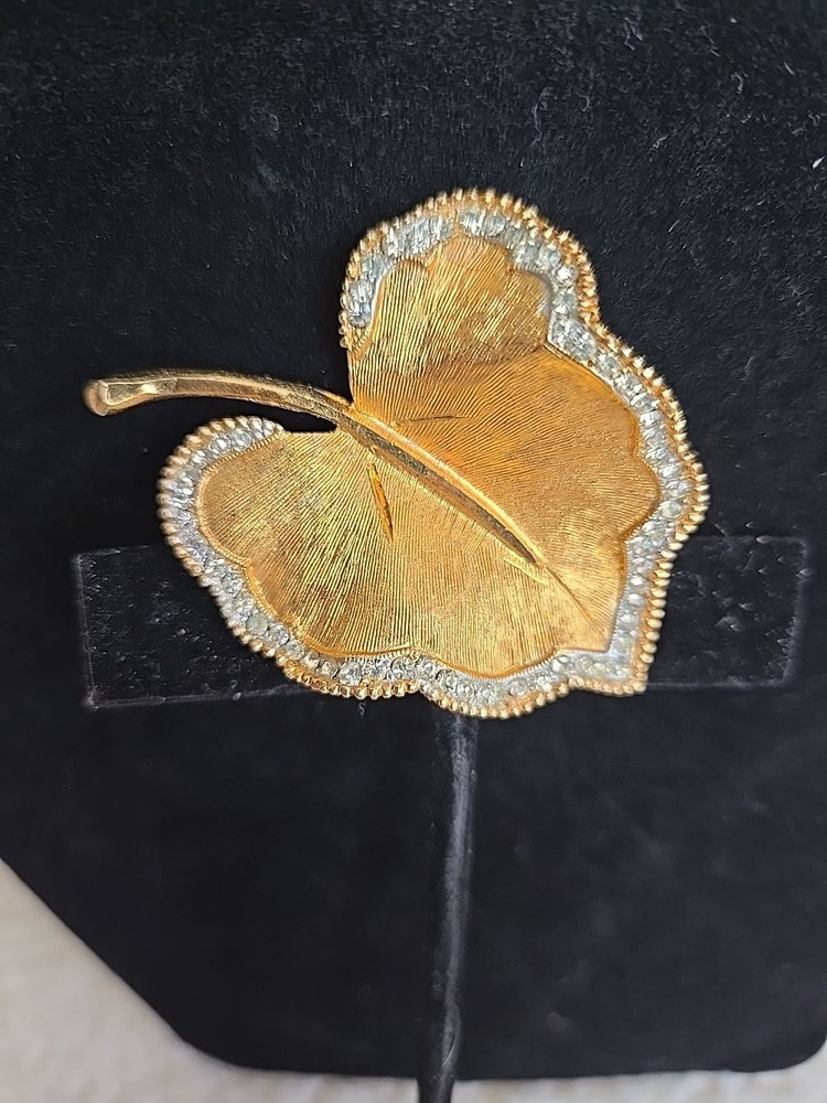 Vintage BSK Brooch Pin Leaf trimmed with Rhinestones 1.5 X 2.0 Inches