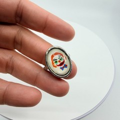 Vintage Y2K Silver Tone Sad Clown Oval Cabochon Ring Retro Kitsch Size 7 Classic