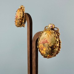 Vintage West Germany Clip On Earrings Gold Tone Filigree Floral Decal Rhinestone