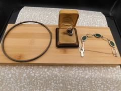 ART Deco jewelry lot Rare Sterling channel Dog Collar necklace carved jade -ring