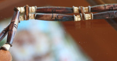 Vintage :* WOOD, LEATHER & STONE*. TIE ORNATE CARVED BRACELET EX CONDITION