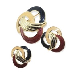 Vintage Estate Pearlescent BROOCH EARRING SET Cream Blue Maroon GoldTone EUC