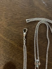 Antique Victorian Gold Filled Watch Chain Necklace Ruby Seed Pearl Slide Estate