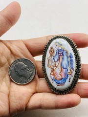 Vintage Silver Tone Russian Finift Hand Painted Porcelain The Snow Maiden Brooch