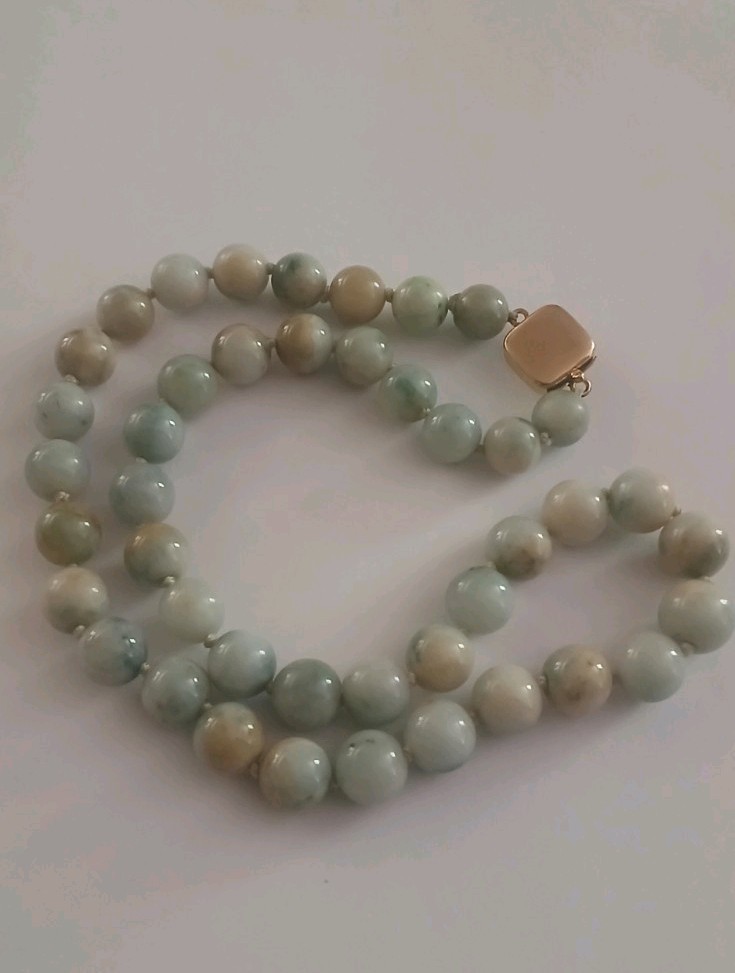 Vintage 1950s Natural Jade 10 Mm.Bead Necklace with A Gold Filled Clasp Knotted