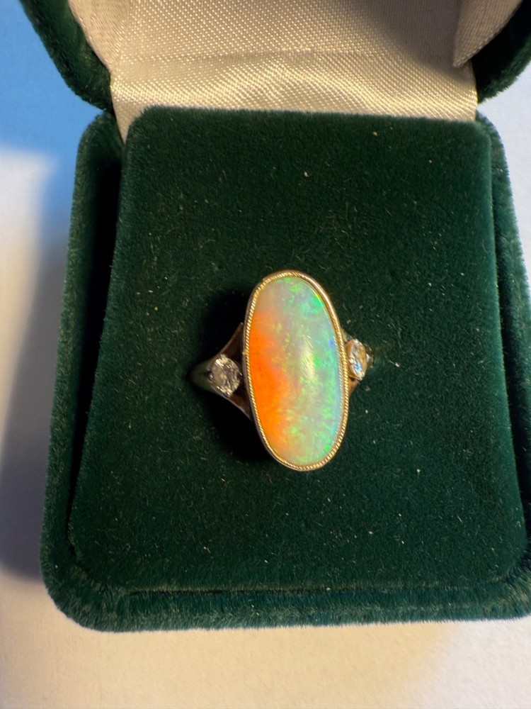 Australian Opal Ring (A), 2 Small Diamonds Each Side. 10K Gold, Antique, Sz.6.25