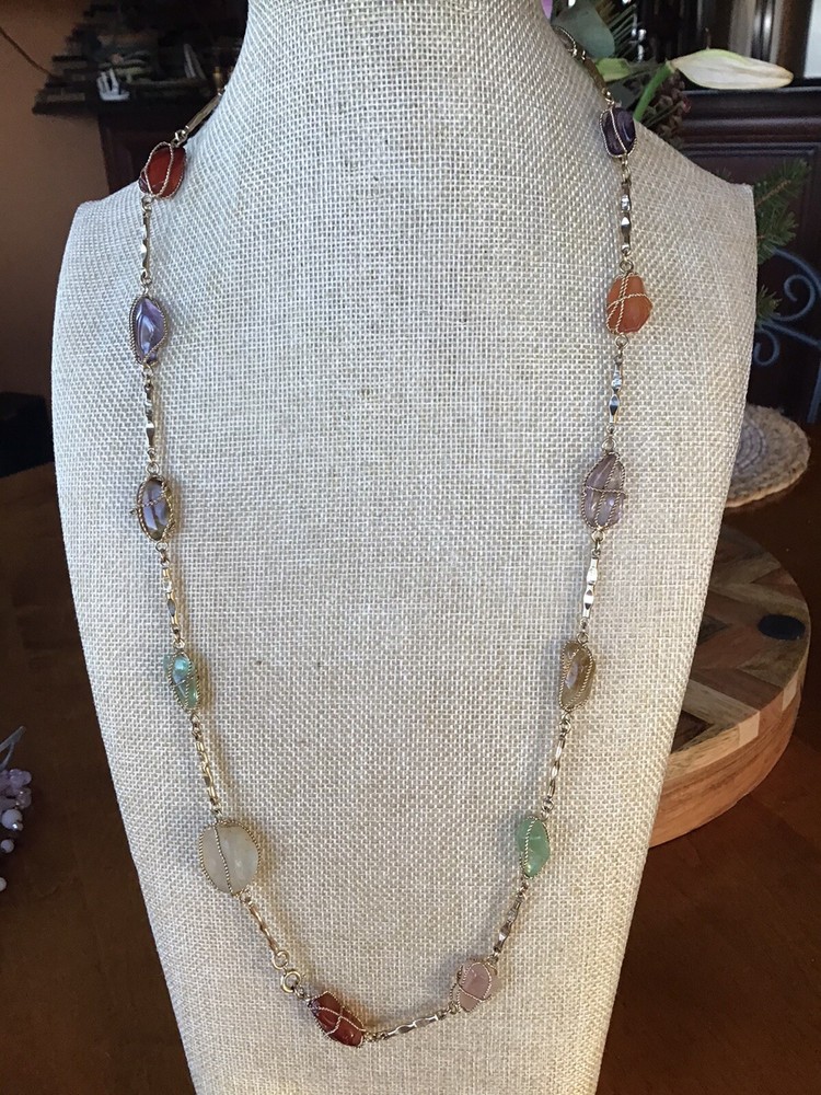 Stunning and Unique Vintage Gold Tone Wire Caged Multi Gemstone Necklace