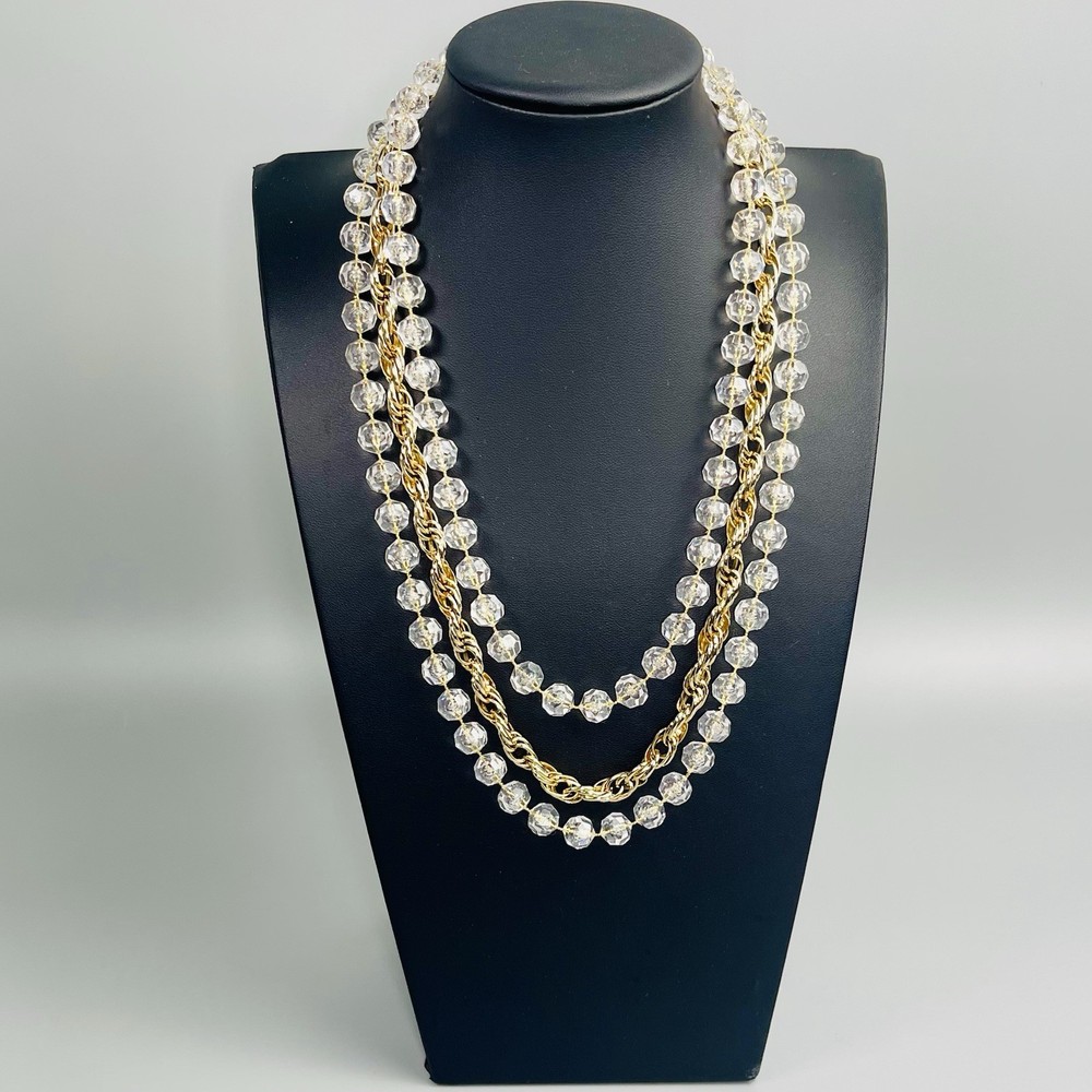 Sarah Coventry “Golden Ice” 3 Strand Clear Bead Gold Tone Necklace Signed 21”