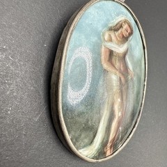 READ Antique 800 Silver Signed Hand Painted Woman Brooch Pin Trombone Clasp J29