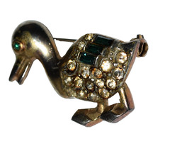 Vintage 50s Green Eye White and Green Rhinestone Duck Gold Tone Brooch