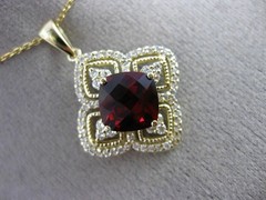 ESTATE 2.46CT DIAMOND & GARNET 14KT YELLOW GOLD SQUARE FILIGREE FLOATING PENDANT