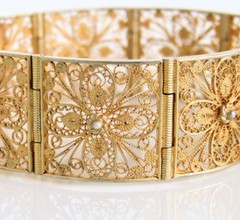 Antique Italian Gilt Silver Filigree Panel Bracelet, Natural Salmon Coral Drops