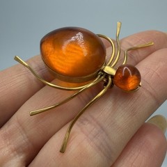 Vintage Amber Spider Brooch 1970s Baltic Honey Amber Gilded Brass Pin Jewelry