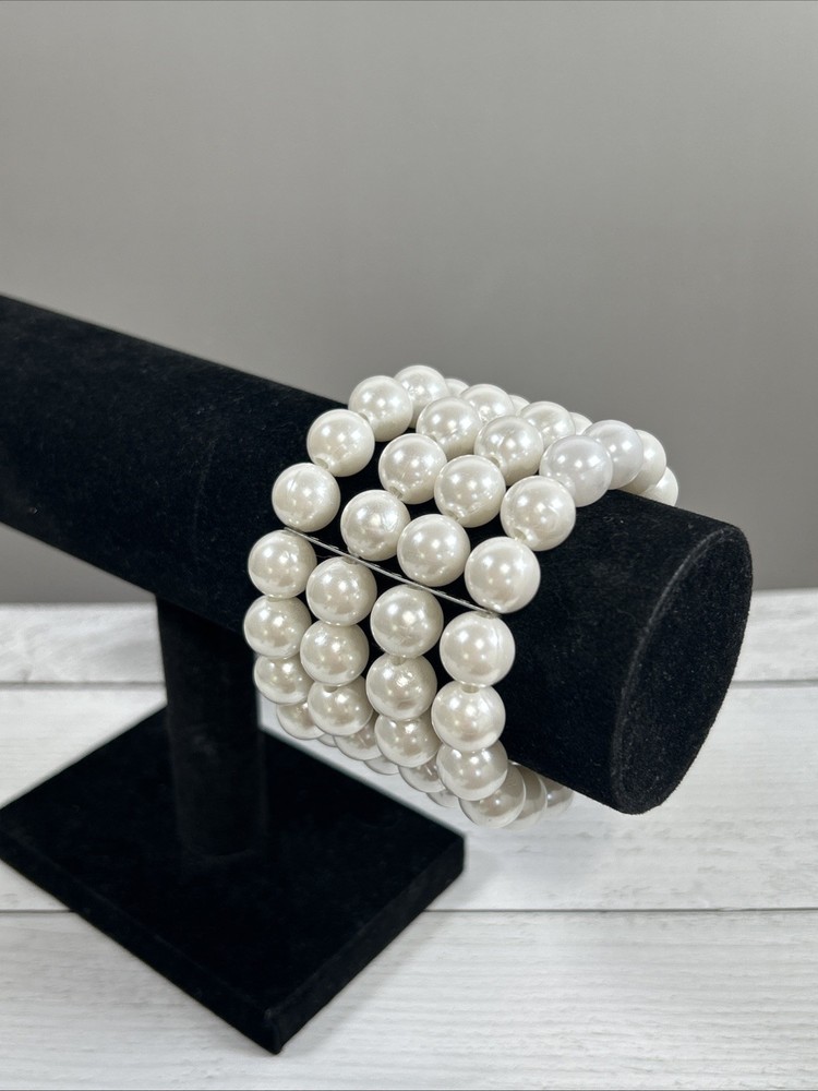 Vintage Multi Strand Faux Pearl Stretch Bracelet White Beaded Cuff Statement