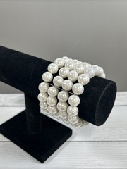 Vintage Multi Strand Faux Pearl Stretch Bracelet White Beaded Cuff Statement