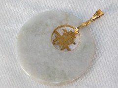 Vintage Large Chinese Symbol 14k Gold White Jade Disc Pendant 19.5 grams