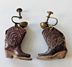 Vintage Brown Cowboy Leather Boots/ Wood Heels Screw Back Earring Made In Mexico