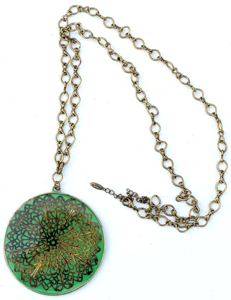 Vintage VCLM signed Green & Bronze 2.75″ Pendant on a 32″ Bronze Chain Necklace