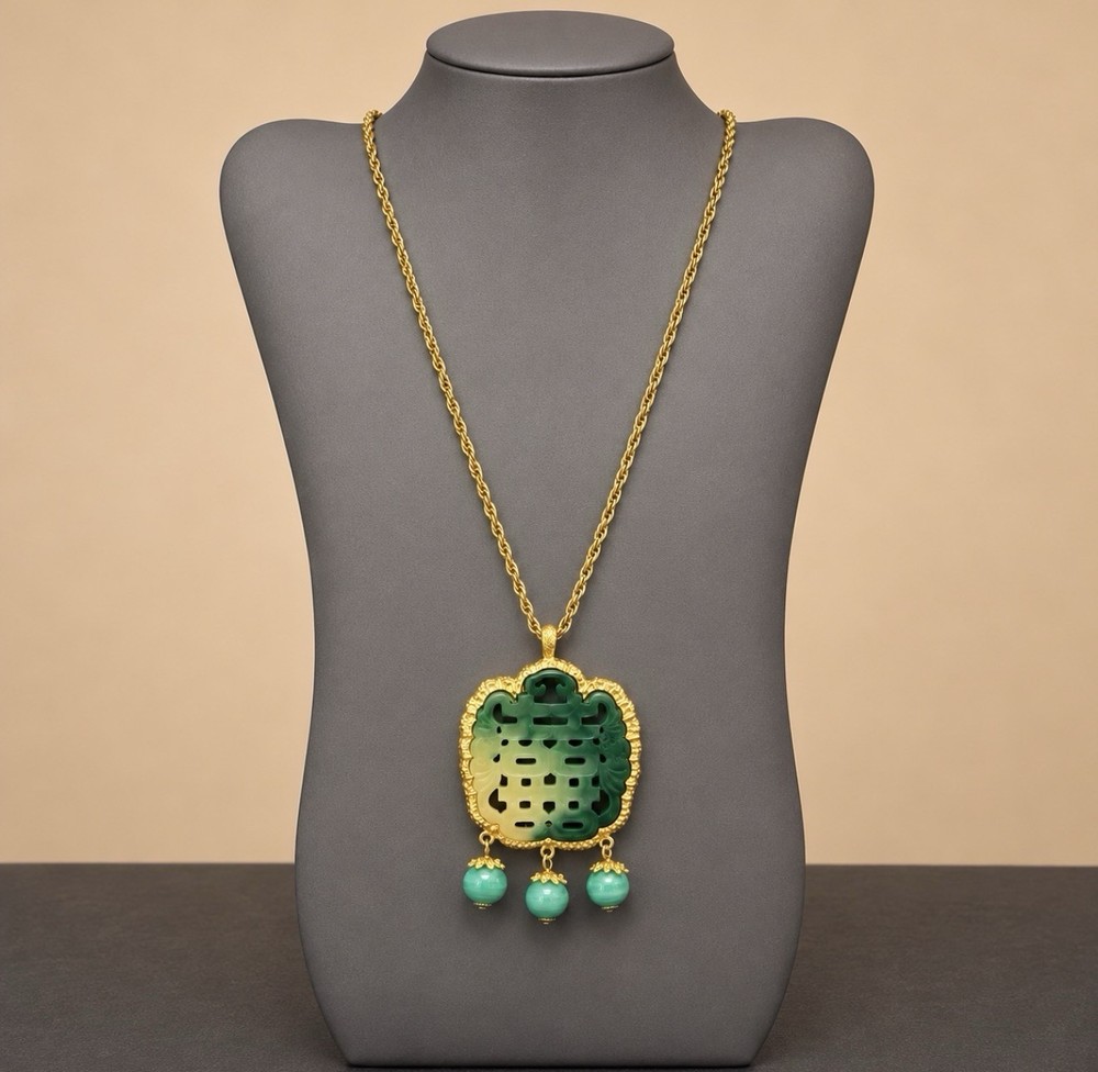 Kenneth Lane KJL Faux Peking Jade Bead Dangle Pendant Asian Statement Necklace
