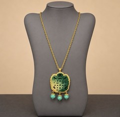 Kenneth Lane KJL Faux Peking Jade Bead Dangle Pendant Asian Statement Necklace
