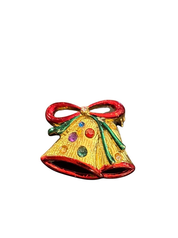 Vintage Gold Tone Holiday Christmas Bells Colorful Rhinestones Red Green Bow