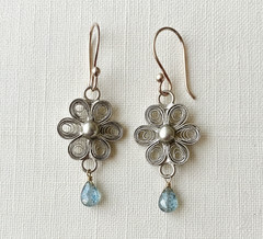 Ornate Vintage Style Filigree Aquamarine Flower Dangle Earrings Sterling Silver